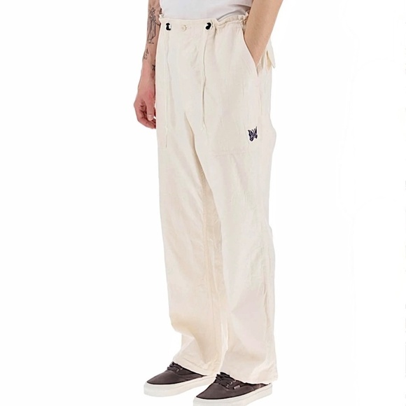 NEEDLES Wide Leg Fatigue Pants Drawstring Cotton Canvas Ivory Japan - Picture 2 of 13
